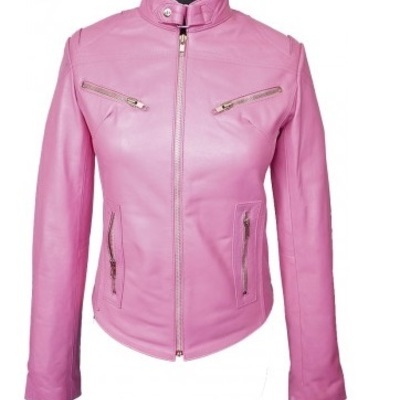 Women pink fashionable leather jacket with tab collar front zipper hand stitched - Thumbnail 3