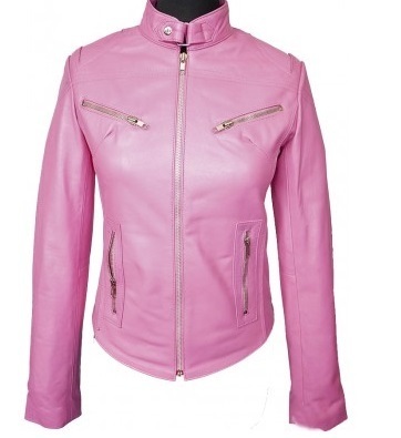 Women Pink Fashionable Leather Jacket With Tab Collar Front Zipper Hand Stitched