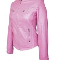 Women Pink Fashionable Leather Jacket With Tab Collar Front Zipper Hand Stitched - Thumbnail 1