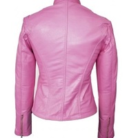 Women Pink Fashionable Leather Jacket With Tab Collar Front Zipper Hand Stitched - Thumbnail 2