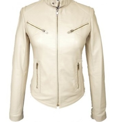 White fashionable women leather jacket with tab collar front zipper handmade - Thumbnail 2