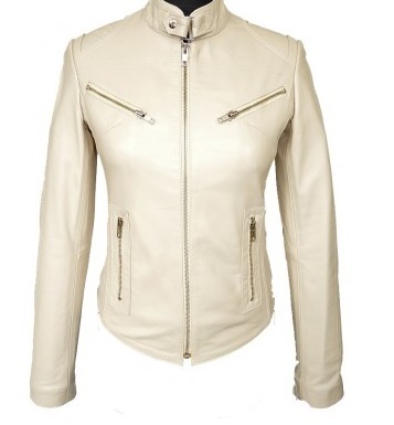 White Fashionable Women Leather Jacket With Tab Collar Front Zipper Handmade