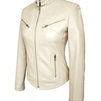 White Fashionable Women Leather Jacket With Tab Collar Front Zipper Handmade - Thumbnail 1