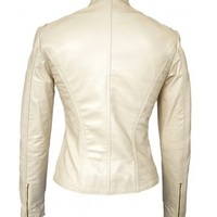 White Fashionable Women Leather Jacket With Tab Collar Front Zipper Handmade - Thumbnail 2