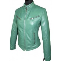 Green Fashionable Women Leather Jacket With Tab Collar Front Zipper Slim Fit - Thumbnail 1