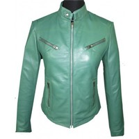 Green Fashionable Women Leather Jacket With Tab Collar Front Zipper Slim Fit - Thumbnail 4