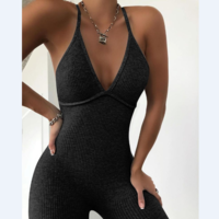 Fashion Ribbed Open Back Sleeveless Jumpsuit - Thumbnail 1