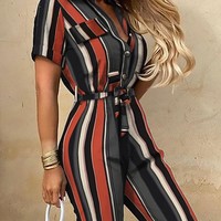 Slim Stripes Short Sleeve Jumpsuit - Thumbnail 1