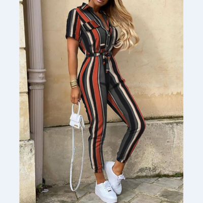 Slim stripes short sleeve jumpsuit
