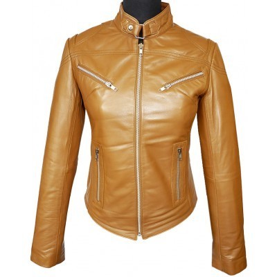 New women leather jacket tab collar fastening zipper slim fit trendy fashion - Thumbnail 4