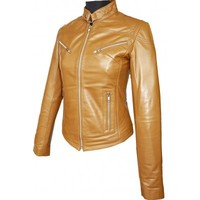 New Women Leather Jacket Tab Collar Fastening Zipper Slim Fit Trendy Fashion - Thumbnail 1