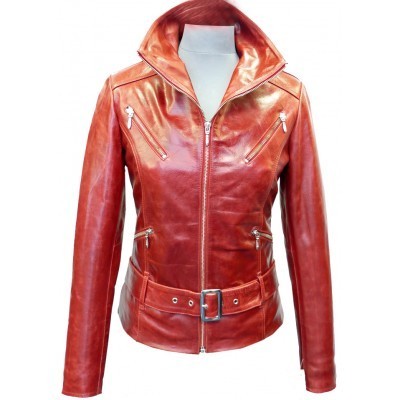 Red fashionable jacket women's leather with belted waist front fastening zipper - Thumbnail 2