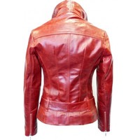Red Fashionable Jacket Women's Leather With Belted Waist Front Fastening Zipper - Thumbnail 2