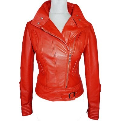 Women fashion jacket red color real leather tab collar front zipper belted waist - Thumbnail 3