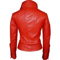 Women Fashion Jacket Red Color Real Leather Tab Collar Front Zipper Belted Waist - Thumbnail 2