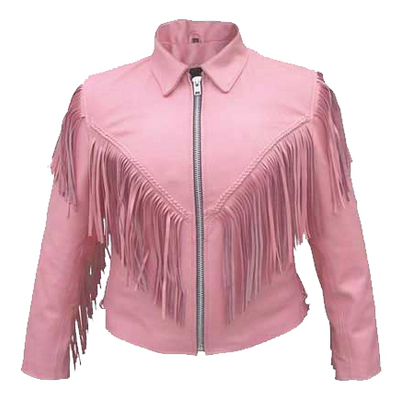 Women's pink color western style fringed real cowhide leather flap collar jacket - Thumbnail 2