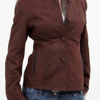 Women's Brown Leather Coat With Front Four Buttons Pockets Handmade Fashionable - Thumbnail 4