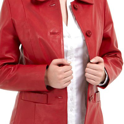 New red leather coat women's fashion with front four buttons closure handmade - Thumbnail 2