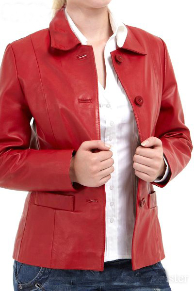 New Red Leather Coat Women's Fashion With Front Four Buttons Closure Handmade