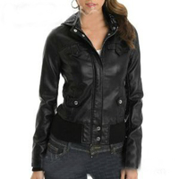 Black Bomber Biker Leather Jacket With Stretchable Waist Front Buttons Zip - Thumbnail 4