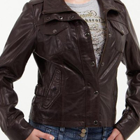 Brown Women Jacket Real Leather With Flap Collar Front Buttons Zip Closure - Thumbnail 4
