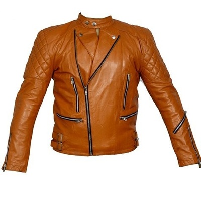 Biker leather jacket women brown quilted tab collar front zipper side buckle - Thumbnail 2