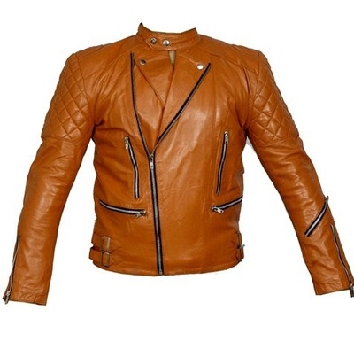 Biker Leather Jacket Women Brown Quilted Tab Collar Front Zipper Side Buckle