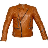 Biker Leather Jacket Women Brown Quilted Tab Collar Front Zipper Side Buckle - Thumbnail 1