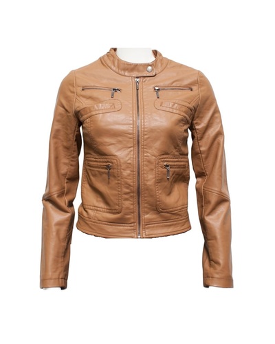 Customize Brown Leather Jacket Women's Fashion With Tab Collar and Front Zipper