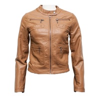 Customize Brown Leather Jacket Women's Fashion With Tab Collar and Front Zipper - Thumbnail 1