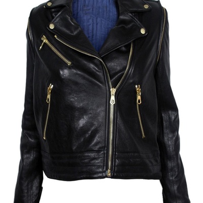 Classic women jacket black fashionable brando leather front zipper hand stitched - Thumbnail 2