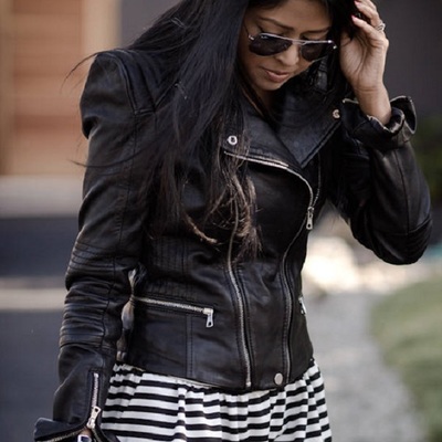 Women black motorbike jacket brando real leather front zip closure outer wear - Thumbnail 3