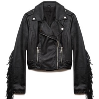 Women's Jacket Black Long Fringed Brando Genuine Leather Front Zipper Handmade - Thumbnail 1