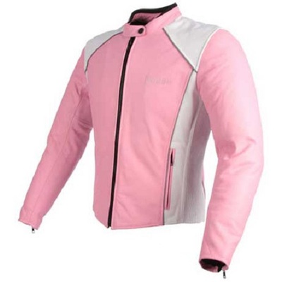 Women's motorbike jacket pink and white with leather fastening zipper tab collar - Thumbnail 1