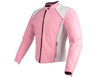 Women's Motorbike Jacket Pink and White With Leather Fastening Zipper Tab Collar