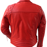 Attractive Women Jacket Red Brando Quilted Biker Leather Front Zipper Buckle - Thumbnail 1