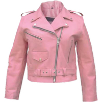Women Pink Leather Jacket Brando Shoulder Epaulets Belted Waist and Front Zipper - Thumbnail 1