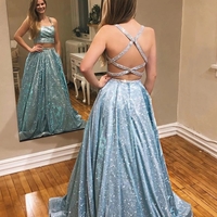 Sparkle Two Piece Lavender Sleeveless Tulle A-Line Sequins Prom Dress - Thumbnail 1