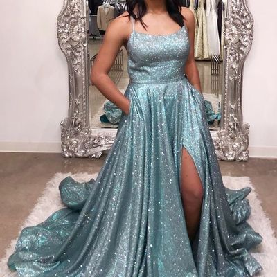 Sparkly straps a-line long prom dress with pockets