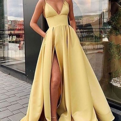 Yellow satin split long prom dresses with pockets, simple evening dresses