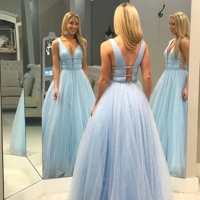 Shining tulle v-neck neckline floor-length a-line prom dresses,blue formal gown