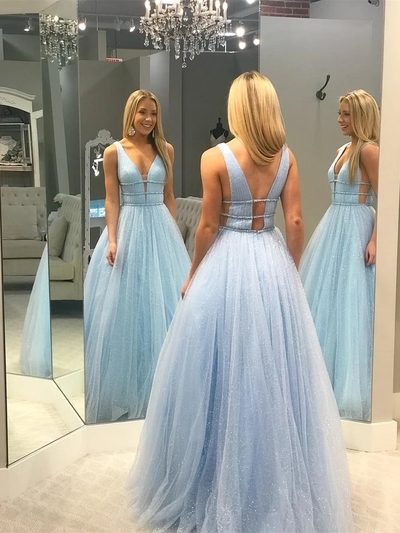 Shining Tulle V-neck Neckline Floor-length A-line Prom Dresses,Blue Formal Gown