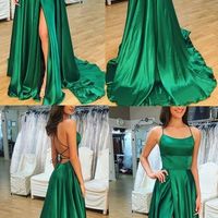 A-Line Slit Leg Criss-Cross Straps Long Royal Blue Satin Prom Dress - Thumbnail 2