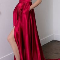 A-Line Slit Leg Criss-Cross Straps Long Royal Blue Satin Prom Dress - Thumbnail 1