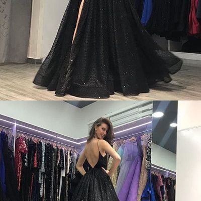 Elegant a-line black sequins prom dresses with side split,formal evening party dresses