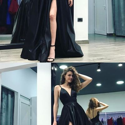 Sexy side slit backless spaghetti straps a-line long evening prom dresses
