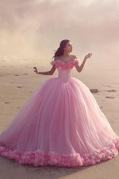 Off-the-shoulder Ball Gown Sweep Train Pink Wedding Dress.Quinceanera Dresses Sweet 16 Party Dresses