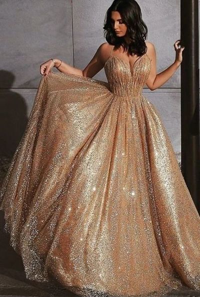Spaghetti Straps V-neck Long Gold Sequins Prom Dresses,Glitter Wedding Dresses