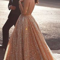 Spaghetti Straps V-neck Long Gold Sequins Prom Dresses,Glitter Wedding Dresses - Thumbnail 1