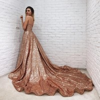 A Line V Neck Floor-Length Champagne Sequined Prom Dress  - Thumbnail 1